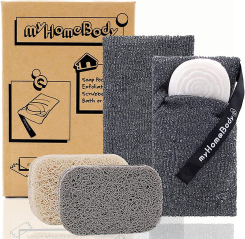 myHomeBody Soap Pocket Exfoliating Soap Saver Pouch | Body Scrubber Sponge, Exfoliator for Bath or Shower | for Large Bar Soap or Leftover Bits | Graphite Gray, 2 Pack + 2 Soap Lifting Pads