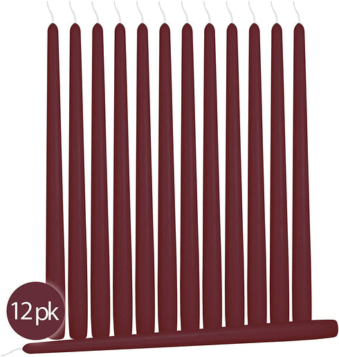 12 Pack Tall Taper Candles - 10 Inch Burgundy Dripless, Unscented Dinner Candle - Paraffin Wax with Cotton Wicks - 8 Hour Burn Time