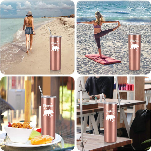 Qtencas Mama Bear Stainless Steel Skinny Tumbler, Double Wall Insulated Tumbler with Lid, Mother's Day Birthday Christmas Gifts for Mom Mother Wife Women, 20 Oz Slim Travel Water Tumbler, Rose Gold
