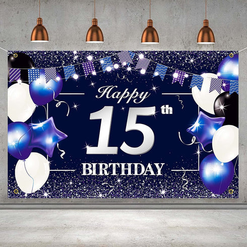 Happy 15th Birthday Banner Backdrop Sign Background 15 Birthday Party Decorations Supplies for Boys Teenagers 6 x 4ft Blue Purple