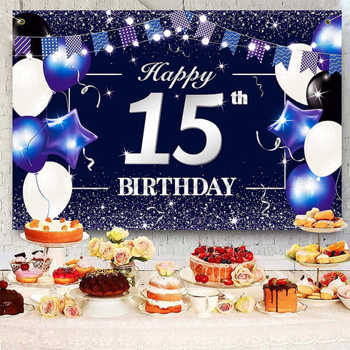 Happy 15th Birthday Banner Backdrop Sign Background 15 Birthday Party Decorations Supplies for Boys Teenagers 6 x 4ft Blue Purple