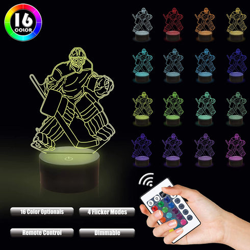 Lampeez Kids 3D Ice Hockey Player Night Light Optical Illusion Lamp with 16 Colors Remote Control Changing Birthday Gift Idea for Boys and Girls