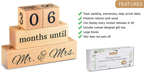 Solid Maple Wood Wedding Countdown, Baby Arrival & Anniversary Blocks - Engagement Gifts for Couples - Bridal Shower Gifts - Wedding Gifts for The Couple - Anniversary for Couples - Bride Gifts