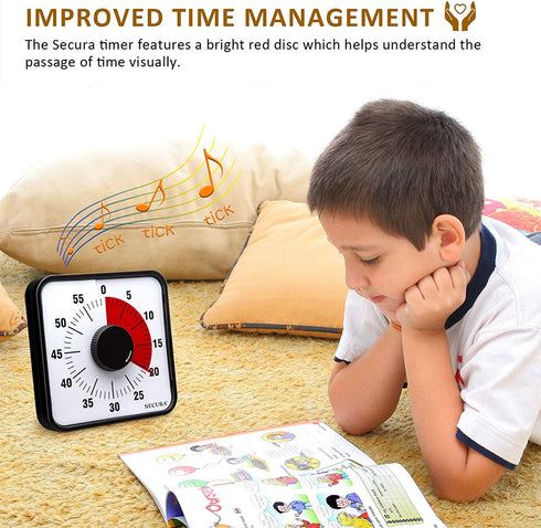 Secura 60-Minute Visual Countdown Timer, 7.5-Inch Oversize Classroom Visual Timer for Kids and Adults, Durable Mechanical Kitchen Timer Clock with Magnetic Backing (Red)