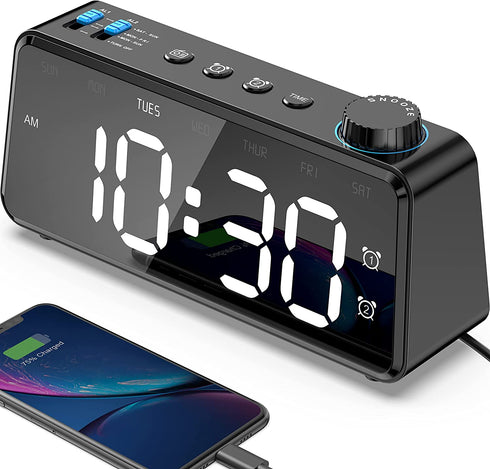 Digital Alarm Clock Radio for Bedroom - 0-100% Dimmer, FM Radio with Sleep Timer, Dual Alarm with Weekday/Weekend, USB Charging Port, Battery Backup, Snooze, Easy to Set, for Bedside Table, Desk