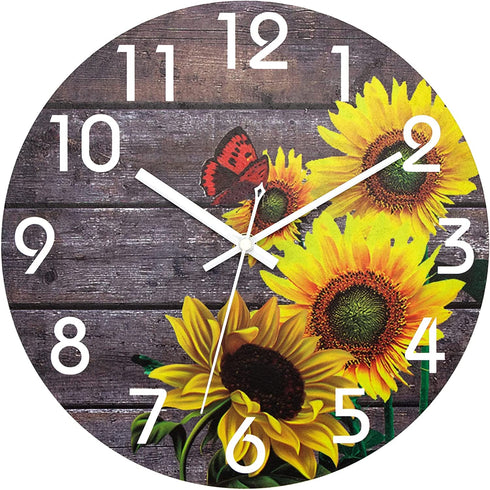 Lumuasky Sunflowers Wooden Wall Clock, 12 Inch Battery Operated Silent Non Ticking Round Retro Decorative Clock for Bathroom, Bedroom, Living Room, Kitchen, Office, School (Butterfly)