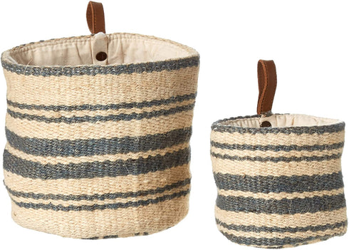 Creative Co-Op DA8007-1 Cream & Blue Striped Jute Wall Baskets with Leather Loops (Set of 2 Sizes)