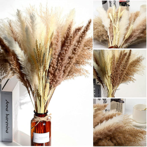 Natural Dried Pampas Grass Boho Home Decor, 65Pcs 17Inch Dried Flower Bouquet Decorative Pampas Grass for Vase Filler, Flower Arrangements, Wedding Office Decor Fluffy and Soft