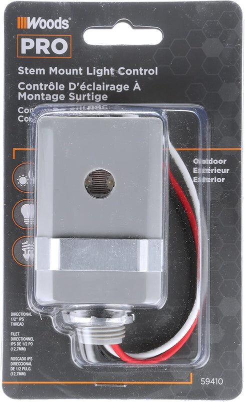 Woods 59410WD Outdoor Hardwired Stem Mount Light Control Sensor with Photocell,Gray