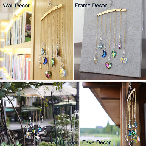 Crystal Ornament Wall Decor, Shining Colourful Crystal Pendants with Stainless Steel Chain Boho Home Decoration for Bedroom Living Room Apartment (Gold)