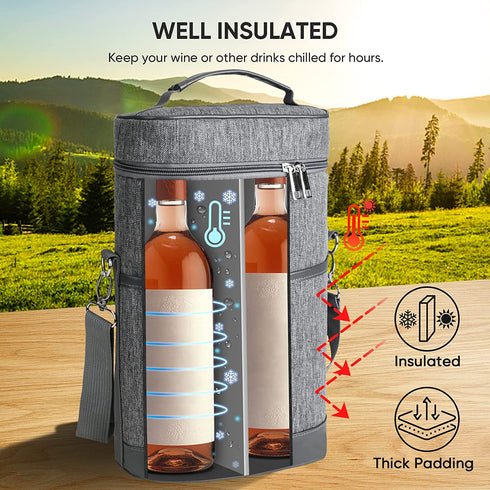 BALEINE 2 Bottle Wine Carrier - Insulated & Leakproof Wine Cooler Bag with Shoulder Strap for Picnic, Travel, BYOB Restaurant, Wine Gifts for Women (Ash Grey, 2 Bottle)