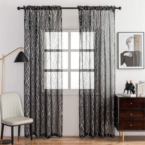 FINECITY Silver and Black Curtains for Living Room - Printed Silver Foil Artistic Tree Branch Sheer Curtains Black 96 Inch Length Privacy Window Curtain Set of 2 Panels, 52 x 96 Inch, Silver Black