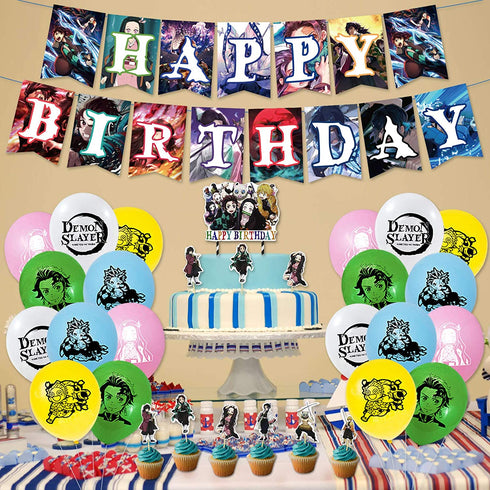Demon Slayer Birthday Party Supplies 46PCS Japanese Anime Theme Decorations for Boys Dorm 20pcs Balloons, 1pc Happy Birthday Banner, 24pcs Cupcake Toppers, 1pc Huge Manga Cake Toppers for Fans
