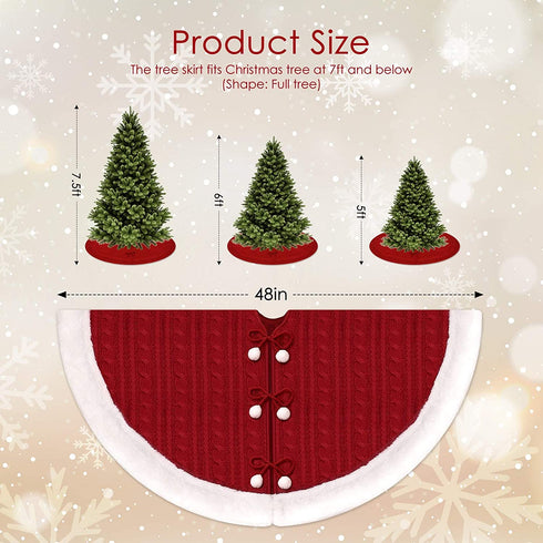 WBHome Christmas Tree Skirt, 48 inch Double-Layer Cable Knit Knitted Thick Rustic Holiday Decoration, Christmas Red with Snow White Plush