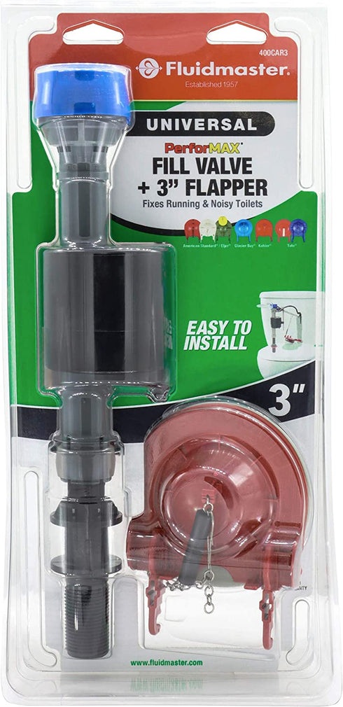 Fluidmaster 400CAR3P5 PerforMAX Adjustable High Performance Toilet Fill Valve and Flapper Repair Kit, For 3-Inch Flush Valve Toilets
