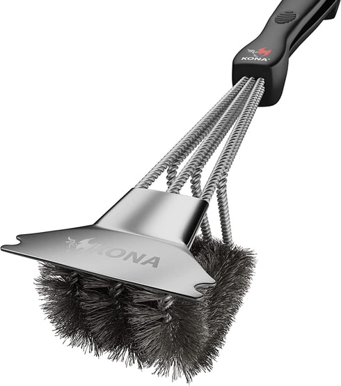 Kona Grill Brush and Scraper - 360 Straight Edge - Compatible with Weber and Pellet Grill Brands - BBQ Cleaner Fits All Grills, Stainless Steel, Cast Iron, Porcelain - Flex Grip Handle