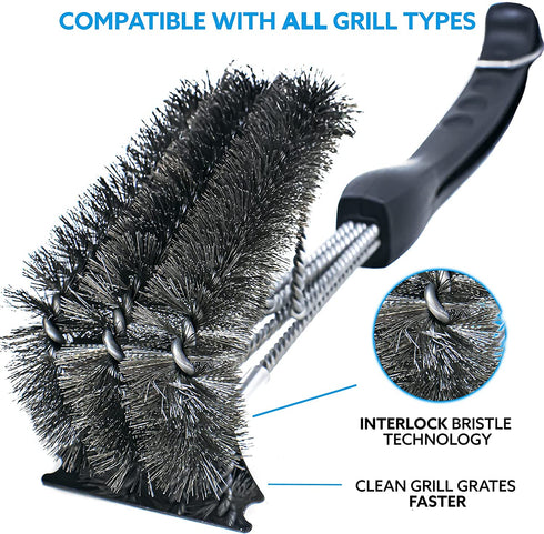 Kona Grill Brush and Scraper - 360 Straight Edge - Compatible with Weber and Pellet Grill Brands - BBQ Cleaner Fits All Grills, Stainless Steel, Cast Iron, Porcelain - Flex Grip Handle