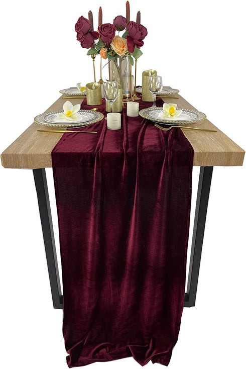 EHLDekol Luxurious Velvet Table Runner, 10ft Wedding Reception Decorations, 20x120inch Soft Velvet Fabric, Table Linen Overlay, Wedding Table Runners (Burgundy, 20X120inch)