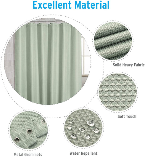 AmazerBath Sage Green Shower Curtain Waffle Shower Curtain, Fabric Shower Curtain Water-Repellent, 12 Metal Grommets, Premium Polyester, Heavy Duty, 72 x 72 Inches, Sage Green