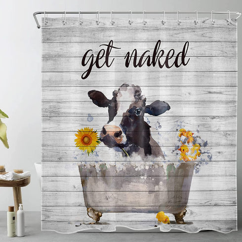 HVEST Funny Cow Get Naked Shower Curtain for Bathroom Decor, Farmhouse Animal Bull Cattle and Sunflower in Retro Bathtub Shower Curtains 72x72 Inches with Hooks Set Waterproof Fabric Bath Accessories