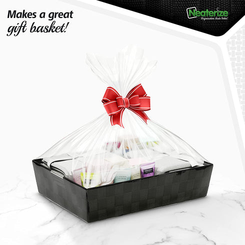 Woven Storage Baskets For Organizing - 4 Fabric Empty Organizer Bins With Handles - Great Bin For Organization, Linen Closet Shelves & Bathroom Basket. Empty Baskets For Gifts (14QT - Black)