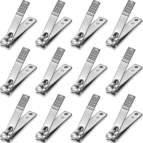 12 Pieces Stainless Steel Nail Clipper Bulk Pack Set Silver Nail Cutter Fingernails and Toenail Clipper Cutter for Women Men