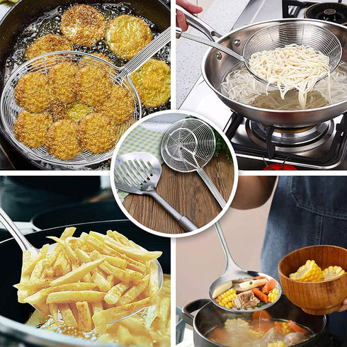 TENTA Kitchen Multi Kitchen Utensil Stainless Steel Cooking Skimmer Slotted Fish Turner Spatula Spoon Colander Drain Water Filter Spoon Ladle Spider Strainer Skimmer Ladle for Cooking &Frying (2pcs)