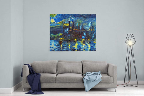 Westlake Art Starry Night Castle Night Boats Canvas Wall Art Print Van Gogh Magical Merchandise Modern Abstract Artwork for Home Room Decor - 16x24 inch Unframed