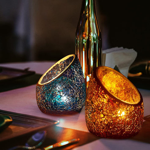 ENFANTRY Votive Candle Holder Set, 2 Pc Mosaic Glass Tealight Candle Holder Handmade Romantic Slanted Crystal Centerpiece Candlescape for Valentine's Day, Wedding, Party, Dinner, Home Decor,4x3inch