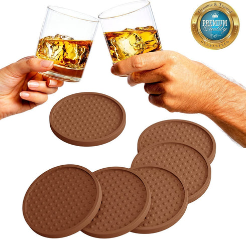 Large Drink Coasters - Absorbs Moisture and Prevents Table Damage, Modern Brown Rubber Coaster with Non-Slip Bottom for Drinking Glasses, 6 Pack