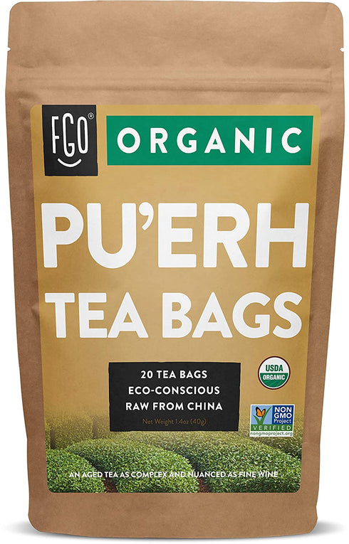 Organic Pu'erh Tea Bags | 20 Tea Bags | Eco-Conscious Tea Bags in Kraft Bag | by FGO