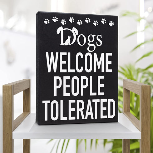 JennyGems Dogs Welcome People Tolerated Sign, 8x6 Inch Hanging Wall Art, American Made, Dog Decor, Dog Gifts, Funny Dog Signs