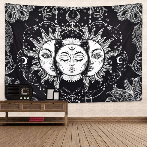 Likiyol Sun and Moon Tapestry Burning Sun with Star Tapestry Psychedelic Tapestry Black and White Mystic Tapestry Wall Hanging