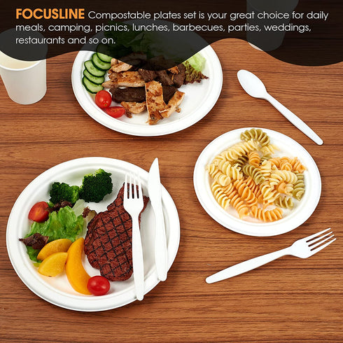 FOCUSLINE 150 Piece Compostable Plates Set Biodegradable Utensils, Heavy Duty Disposable Sugarcane Plates Eco Friendly CPLA Cutlery, Disposable Dinnerware Set for Party, Camping, Picnic
