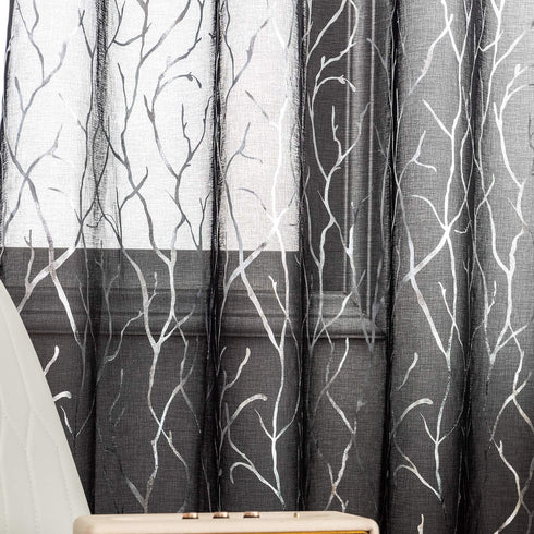 FINECITY Silver and Black Curtains for Living Room - Printed Silver Foil Artistic Tree Branch Sheer Curtains Black 96 Inch Length Privacy Window Curtain Set of 2 Panels, 52 x 96 Inch, Silver Black