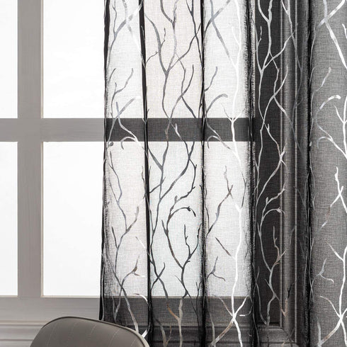 FINECITY Silver and Black Curtains for Living Room - Printed Silver Foil Artistic Tree Branch Sheer Curtains Black 96 Inch Length Privacy Window Curtain Set of 2 Panels, 52 x 96 Inch, Silver Black