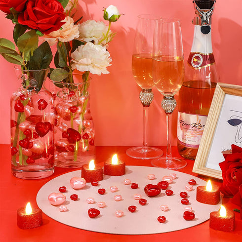 Juinte 2120 Pieces Valentine's Day Vase Filler Wedding Decoration Heart Pearl Red Pink Heart Pearls Water Gels Beads Floating Candles Centerpiece for Valentine Wedding Home Dinning Table Party Decor