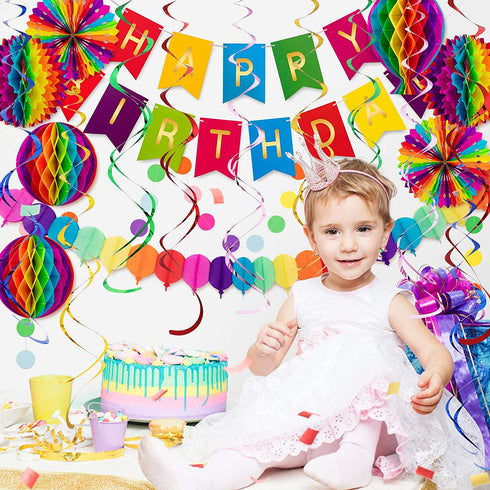 Whaline Colourful Birthday Decorations Hot-air Balloon Fiesta Hanging Paper Fans Hanging Swirl Polka Dot String Pom Poms Flowers Happy Birthday Banner Paper Garland for Birthday Decor Party 20Pcs