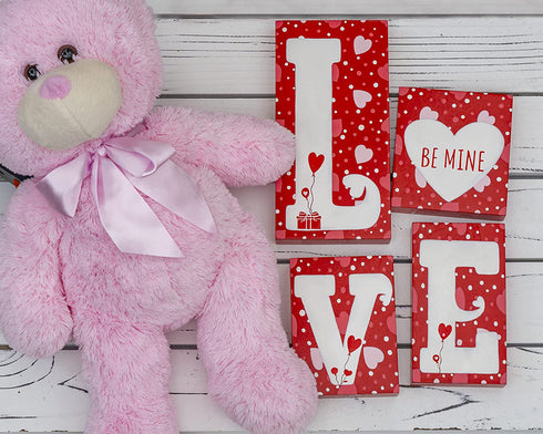 Ornativity Red Wooden Love Blocks - Valentine's Day Romantic Heart Wood Letters Block Decoration Sign with Hearts for Mantel Shelf Over Fireplace, Table Top, Home and Office