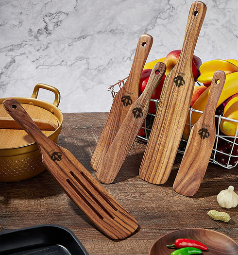 Spurtles Kitchen Tools as seen on tv, 5pcs Spurtles Kitchen Tools As Seen on TV, Natural Teak Wooden Cooking Utensils, Slotted Spurtles Set with Hanging Hole, Heat Resistant Nonstick