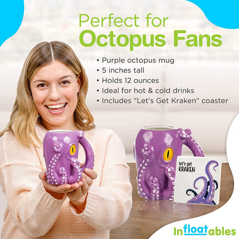InFLOATables Octopus Mug and Coaster Set - Large Coffee Mug - Ceramic Coffee Mug 5 Inches Tall - Holds 12 Ounces - Handcrafted 3D Coffee Mug with Let's Get Kraken Coaster - Unique Birthday Gift