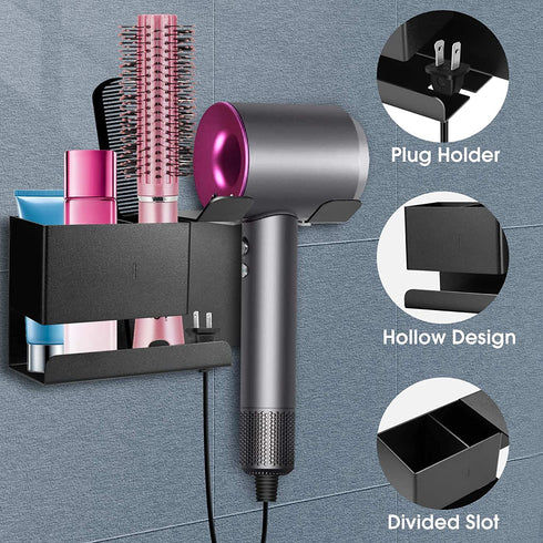 Hair Dryer Holder Wall Mounted, BOJDOPIE Blow Dryer Organizer for Bathroom, Aluminum Alloy Multi-Functional Hair Dryer Rack for Dyson Supersonic, Morden Black