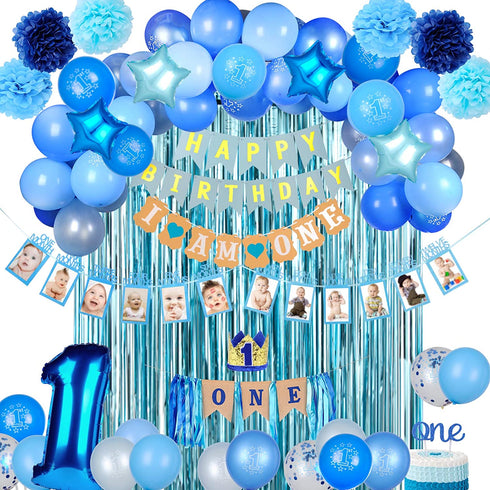 EAF 1st Birthday Boy Decorations 78PCS Blue 1st Birthday Decorations for Boy with Blue Tinsel Curtain, 12 Months Photo Banner, 1st Birthday Highchair Banner, I AM ONE and Happy Birthday Banner