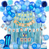 EAF 1st Birthday Boy Decorations 78PCS Blue 1st Birthday Decorations for Boy with Blue Tinsel Curtain, 12 Months Photo Banner, 1st Birthday Highchair Banner, I AM ONE and Happy Birthday Banner