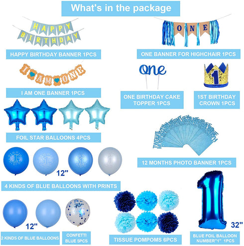 EAF 1st Birthday Boy Decorations 78PCS Blue 1st Birthday Decorations for Boy with Blue Tinsel Curtain, 12 Months Photo Banner, 1st Birthday Highchair Banner, I AM ONE and Happy Birthday Banner