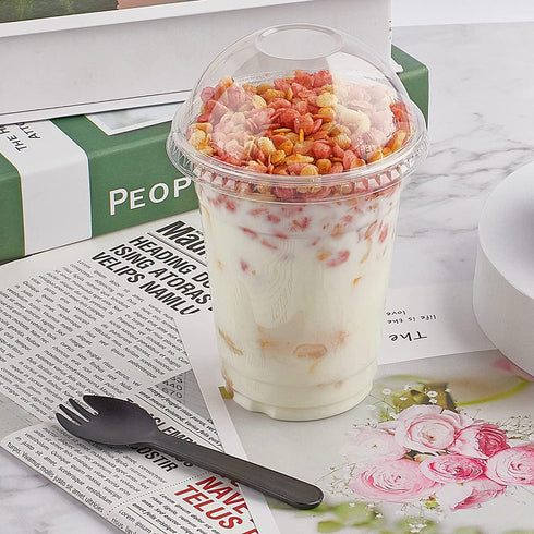 INDRAH 50PCS 12 oz Clear Plastic Cups With Dome Lids (No Hole) Disposable Parfait Cups Dessert Cups for Fruit Yogurt Smoothie Iced Cold Drinks, No Leaking