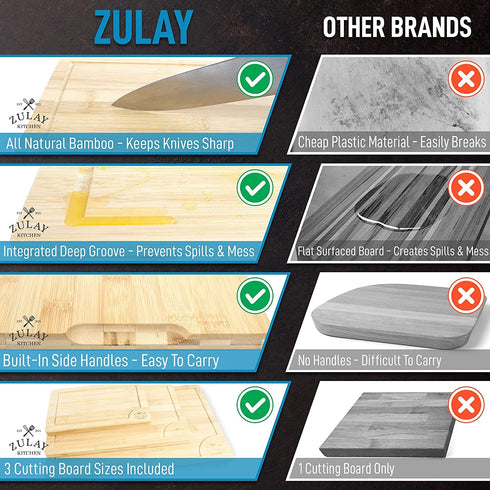Zulay Kitchen 3-Piece Bamboo Cutting Board With Juice Groove - 100% Thick Wood Cutting Board Set - Large Cutting Board Bamboo With Handle - Wood Cutting Boards For Kitchen
