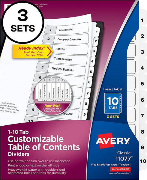 Avery 10-Tab Dividers for 3-ring Binders, Customizable Table of Contents, Classic White Tabs, 1 Set (11077)