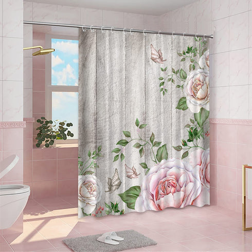 Rustic Floral Shower Curtain Watercolor Pink Rose Butterfly Bath Curtain Farmhouse Wooden Plank Country Fabric Bathroom Shower Curtain