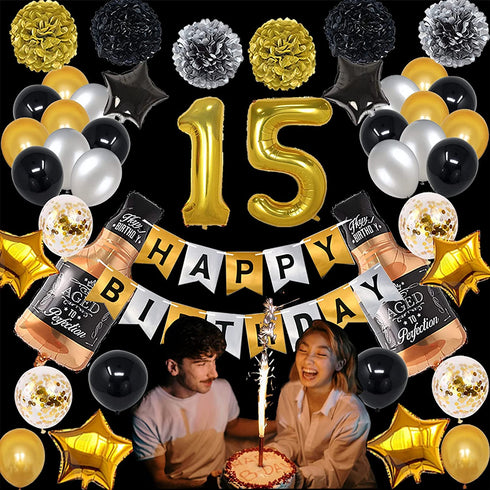 NANINUNENO 15th Gold Birthday Decorations,Gold Black Silver Happy Birthday Balloons Supplies for Boy Men Girl Women,15 Birthday Party Set with15 Gold Number Balloons Happy Birthday Banner and Whiskey Bottle Balloons